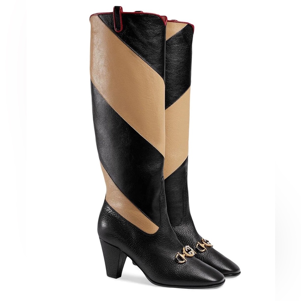 NWT Gucci Zummi GG Horsebit Striped Knee High Boots 38.5